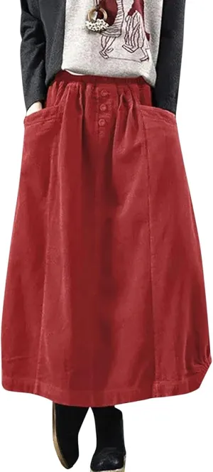 Womens Corduroy Skirts Vintage High Waist Button Long Pleated Skirts A-line Midi Skirt with Pockets Fall Winter