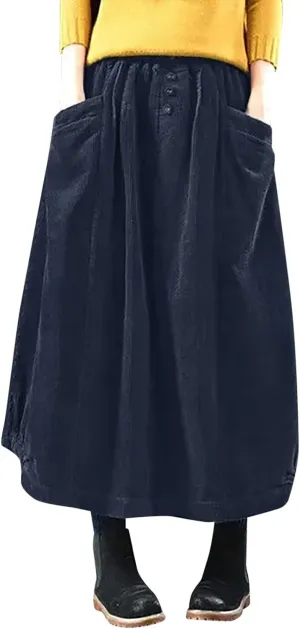 Womens Corduroy Skirts Vintage High Waist Button Long Pleated Skirts A-line Midi Skirt with Pockets Fall Winter