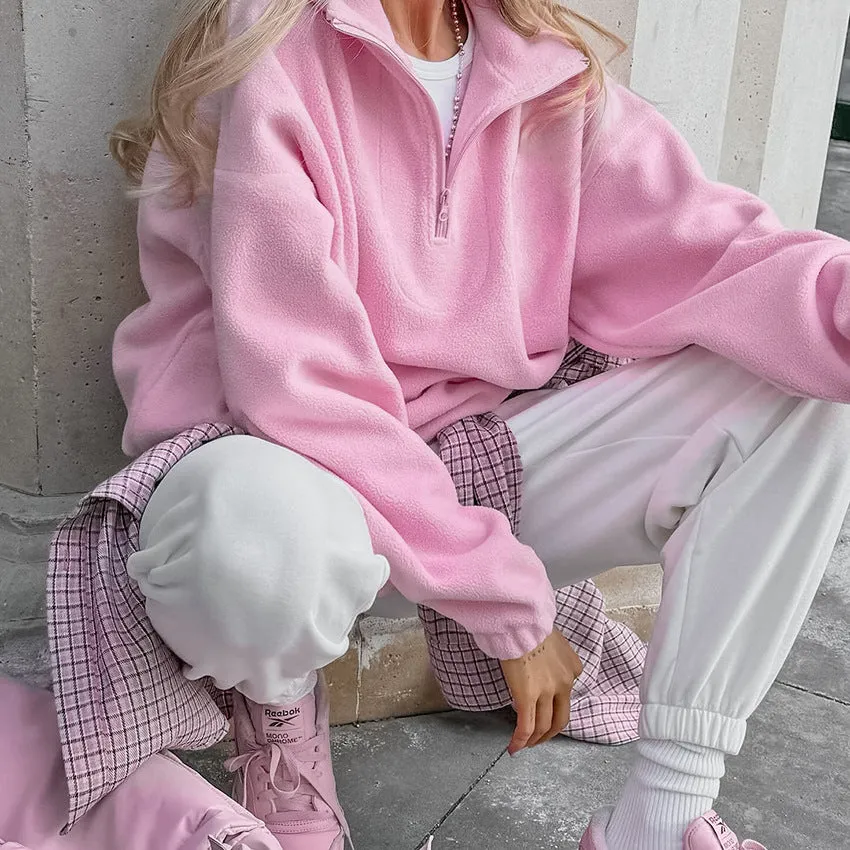 Women's Pink Fleece Loose Pullover Sherpa Sweatshirt
