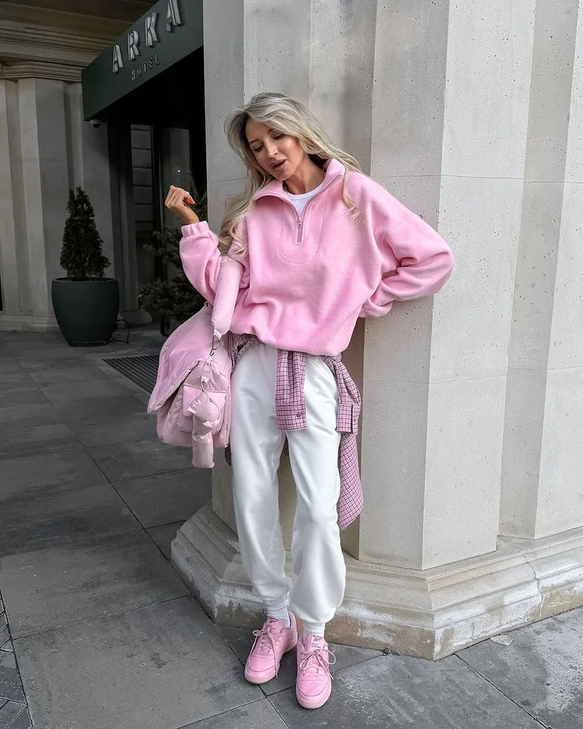 Women's Pink Fleece Loose Pullover Sherpa Sweatshirt