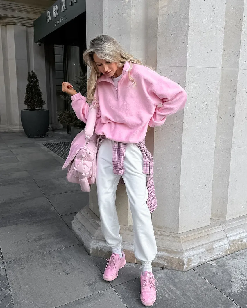 Women's Pink Fleece Loose Pullover Sherpa Sweatshirt