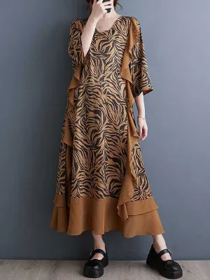 xakxx A-Line Batwing Sleeves Ruffled Split-Joint Zebra-Stripe V-Neck Midi Dresses