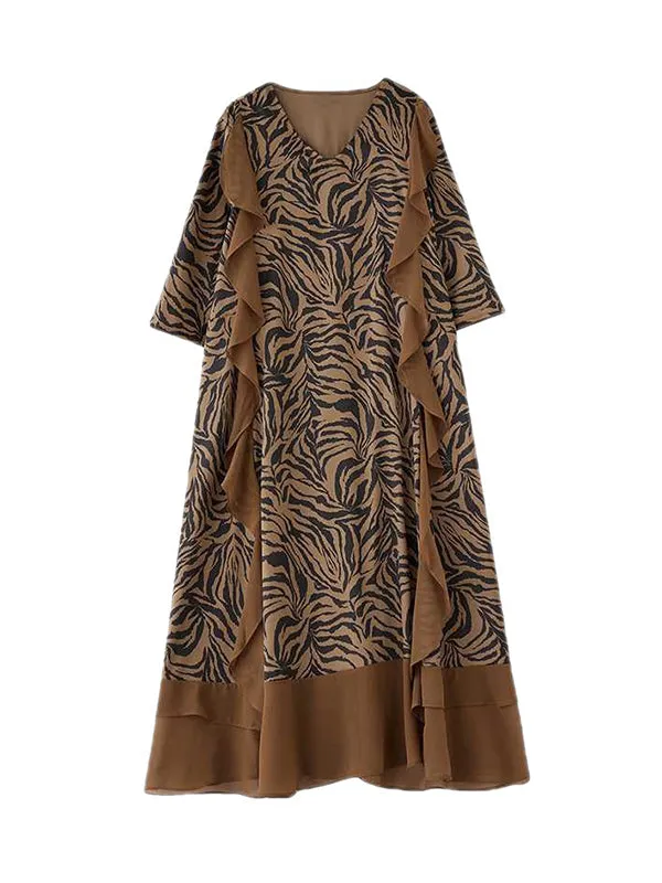 xakxx A-Line Batwing Sleeves Ruffled Split-Joint Zebra-Stripe V-Neck Midi Dresses