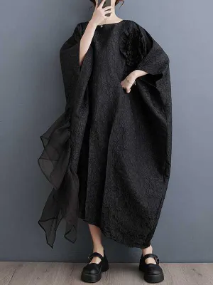 xakxx Batwing Sleeves Loose Asymmetric Flower Shape Gauze Jacquard Pleated Solid Color Split-Joint Round-Neck Midi Dresses
