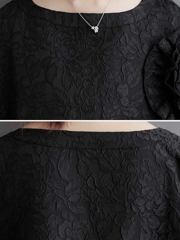 xakxx Batwing Sleeves Loose Asymmetric Flower Shape Gauze Jacquard Pleated Solid Color Split-Joint Round-Neck Midi Dresses