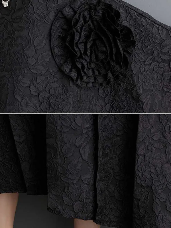 xakxx Batwing Sleeves Loose Asymmetric Flower Shape Gauze Jacquard Pleated Solid Color Split-Joint Round-Neck Midi Dresses
