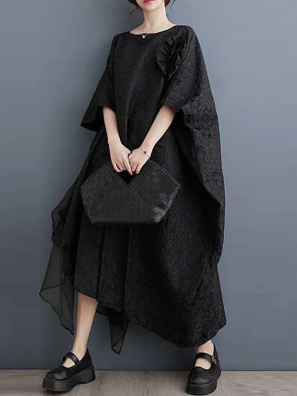 xakxx Batwing Sleeves Loose Asymmetric Flower Shape Gauze Jacquard Pleated Solid Color Split-Joint Round-Neck Midi Dresses