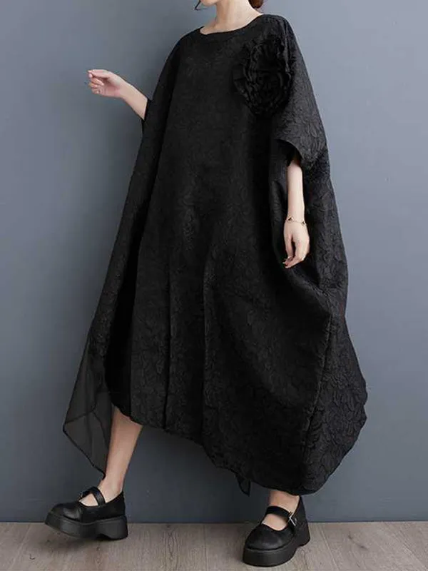 xakxx Batwing Sleeves Loose Asymmetric Flower Shape Gauze Jacquard Pleated Solid Color Split-Joint Round-Neck Midi Dresses