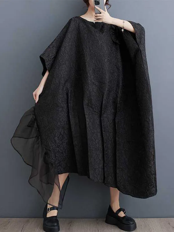 xakxx Batwing Sleeves Loose Asymmetric Flower Shape Gauze Jacquard Pleated Solid Color Split-Joint Round-Neck Midi Dresses