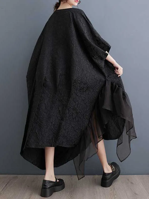 xakxx Batwing Sleeves Loose Asymmetric Flower Shape Gauze Jacquard Pleated Solid Color Split-Joint Round-Neck Midi Dresses