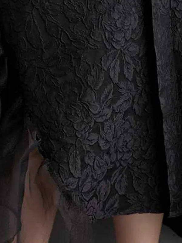xakxx Batwing Sleeves Loose Asymmetric Flower Shape Gauze Jacquard Pleated Solid Color Split-Joint Round-Neck Midi Dresses