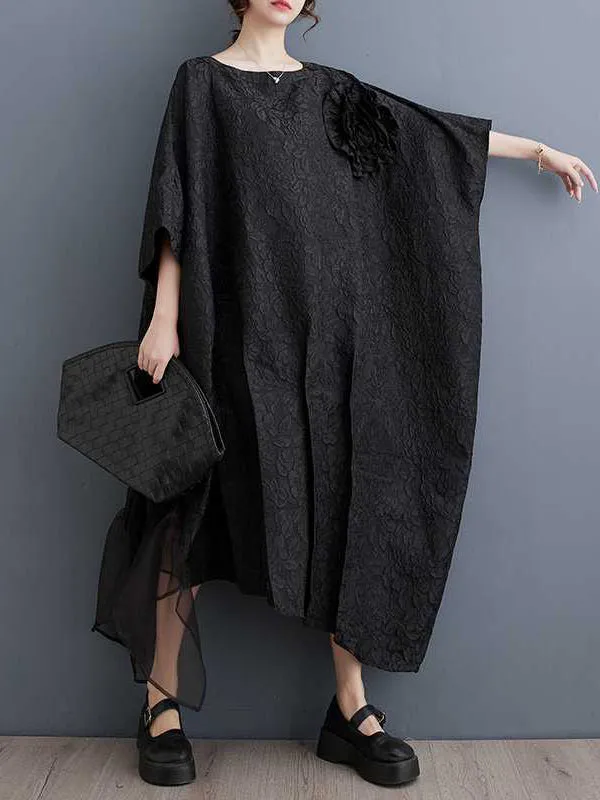 xakxx Batwing Sleeves Loose Asymmetric Flower Shape Gauze Jacquard Pleated Solid Color Split-Joint Round-Neck Midi Dresses
