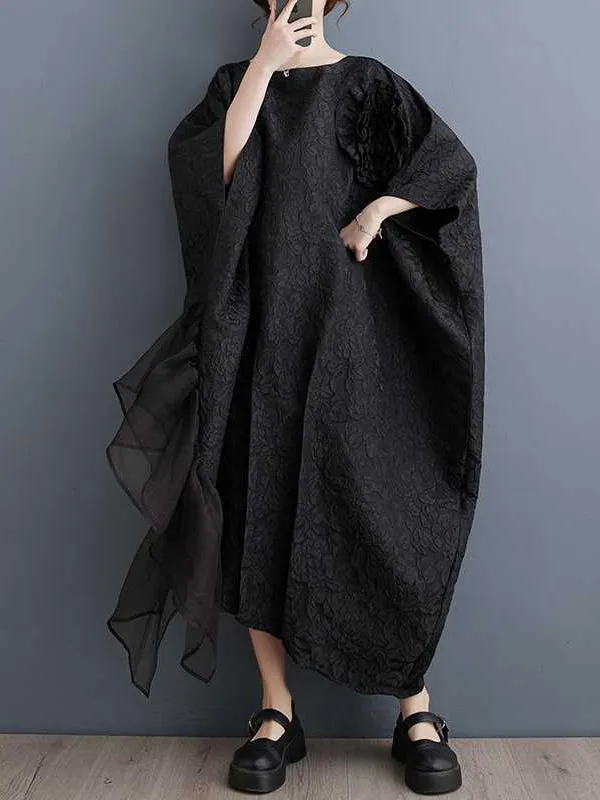 xakxx Batwing Sleeves Loose Asymmetric Flower Shape Gauze Jacquard Pleated Solid Color Split-Joint Round-Neck Midi Dresses