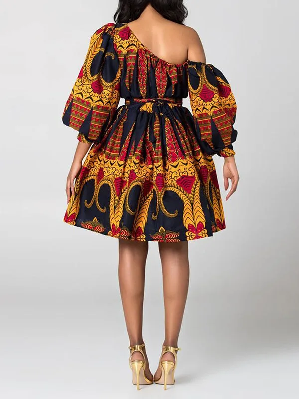 xakxx High Waisted Loose Elasticity Printed Tied Waist One-Shoulder Mini Dresses