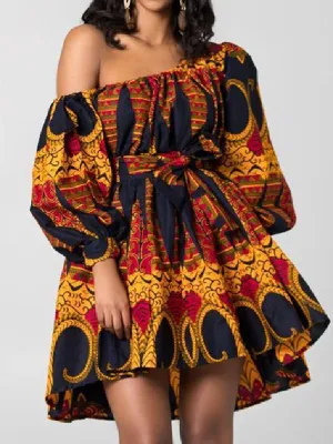 xakxx High Waisted Loose Elasticity Printed Tied Waist One-Shoulder Mini Dresses