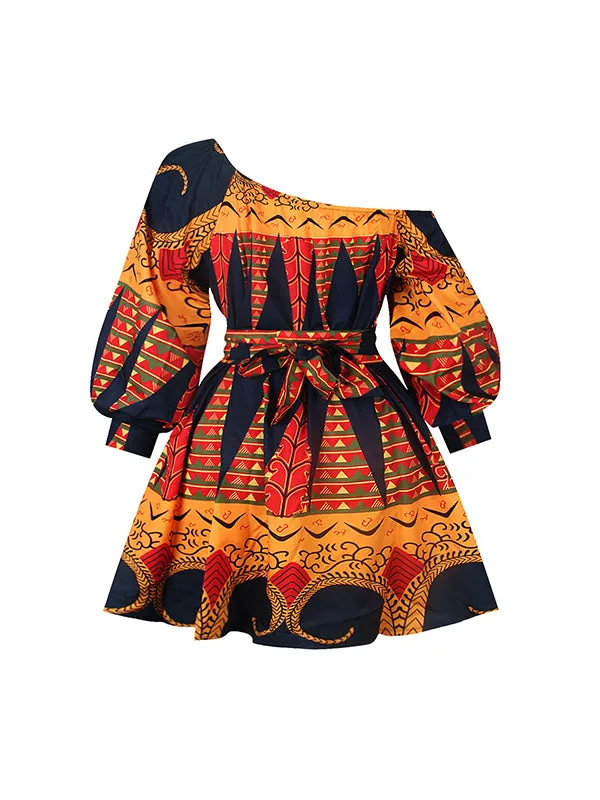 xakxx High Waisted Loose Elasticity Printed Tied Waist One-Shoulder Mini Dresses