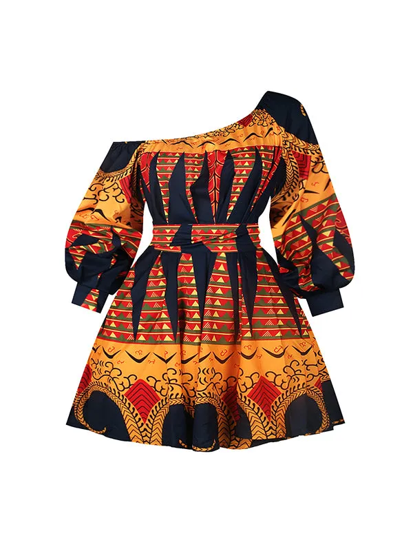 xakxx High Waisted Loose Elasticity Printed Tied Waist One-Shoulder Mini Dresses