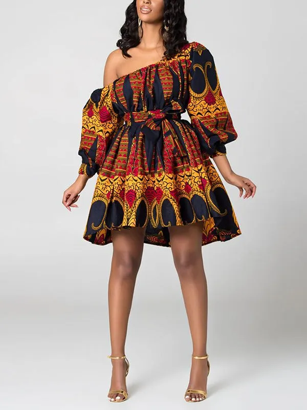 xakxx High Waisted Loose Elasticity Printed Tied Waist One-Shoulder Mini Dresses