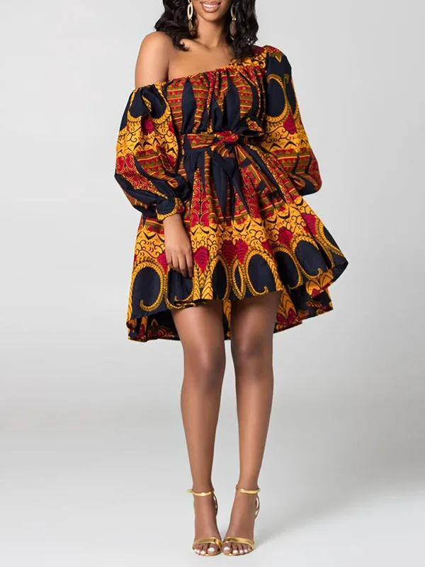 xakxx High Waisted Loose Elasticity Printed Tied Waist One-Shoulder Mini Dresses