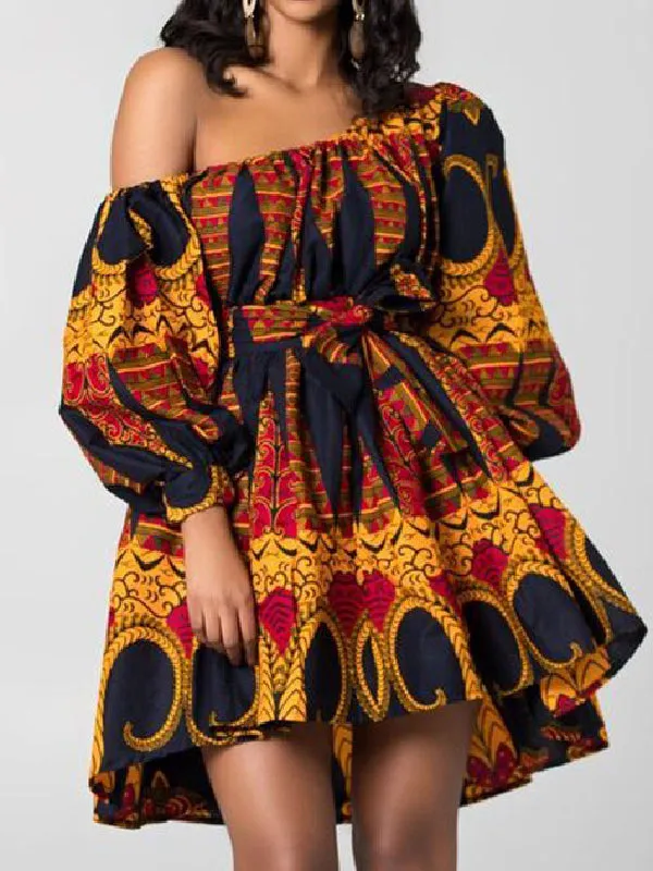 xakxx High Waisted Loose Elasticity Printed Tied Waist One-Shoulder Mini Dresses