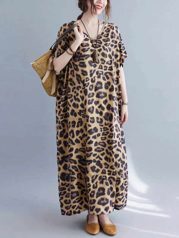 xakxx Loose Leopard V-Neck Batwing Sleeves Maxi Dress
