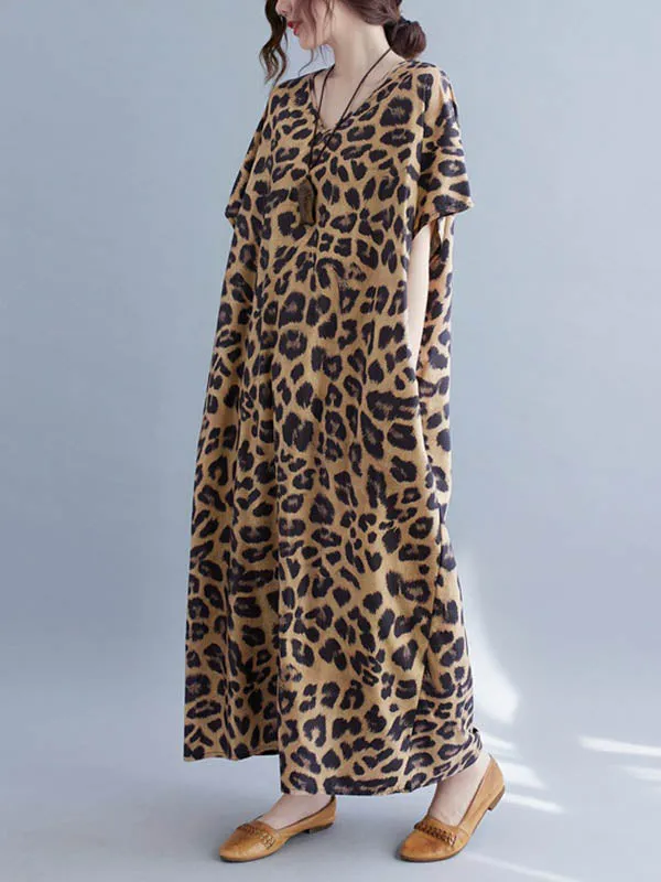 xakxx Loose Leopard V-Neck Batwing Sleeves Maxi Dress