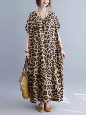 xakxx Loose Leopard V-Neck Batwing Sleeves Maxi Dress