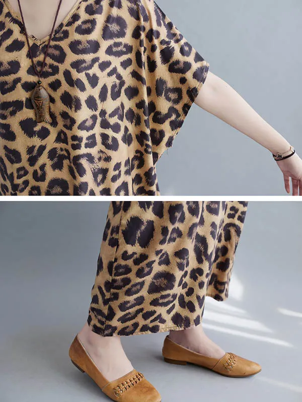 xakxx Loose Leopard V-Neck Batwing Sleeves Maxi Dress