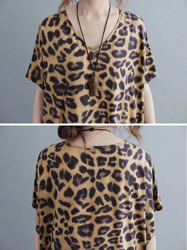 xakxx Loose Leopard V-Neck Batwing Sleeves Maxi Dress