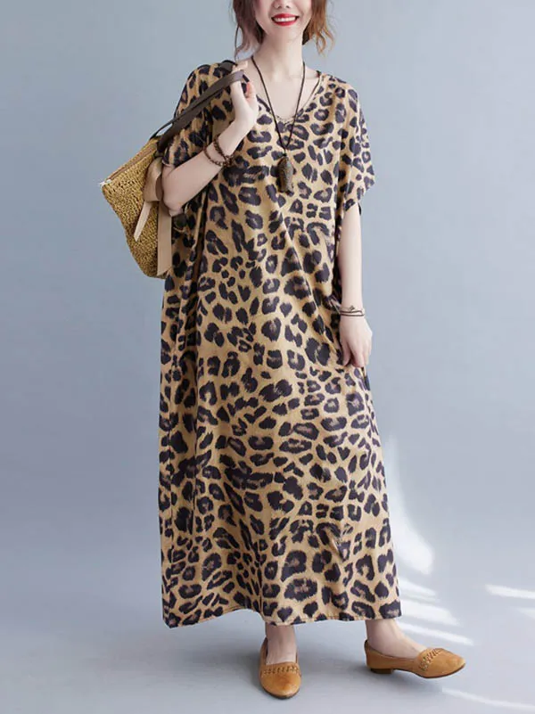 xakxx Loose Leopard V-Neck Batwing Sleeves Maxi Dress
