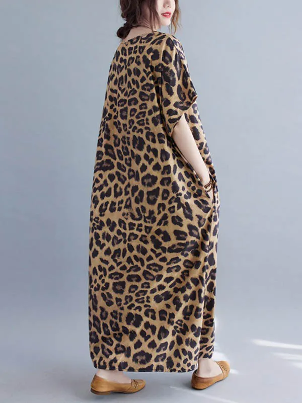 xakxx Loose Leopard V-Neck Batwing Sleeves Maxi Dress