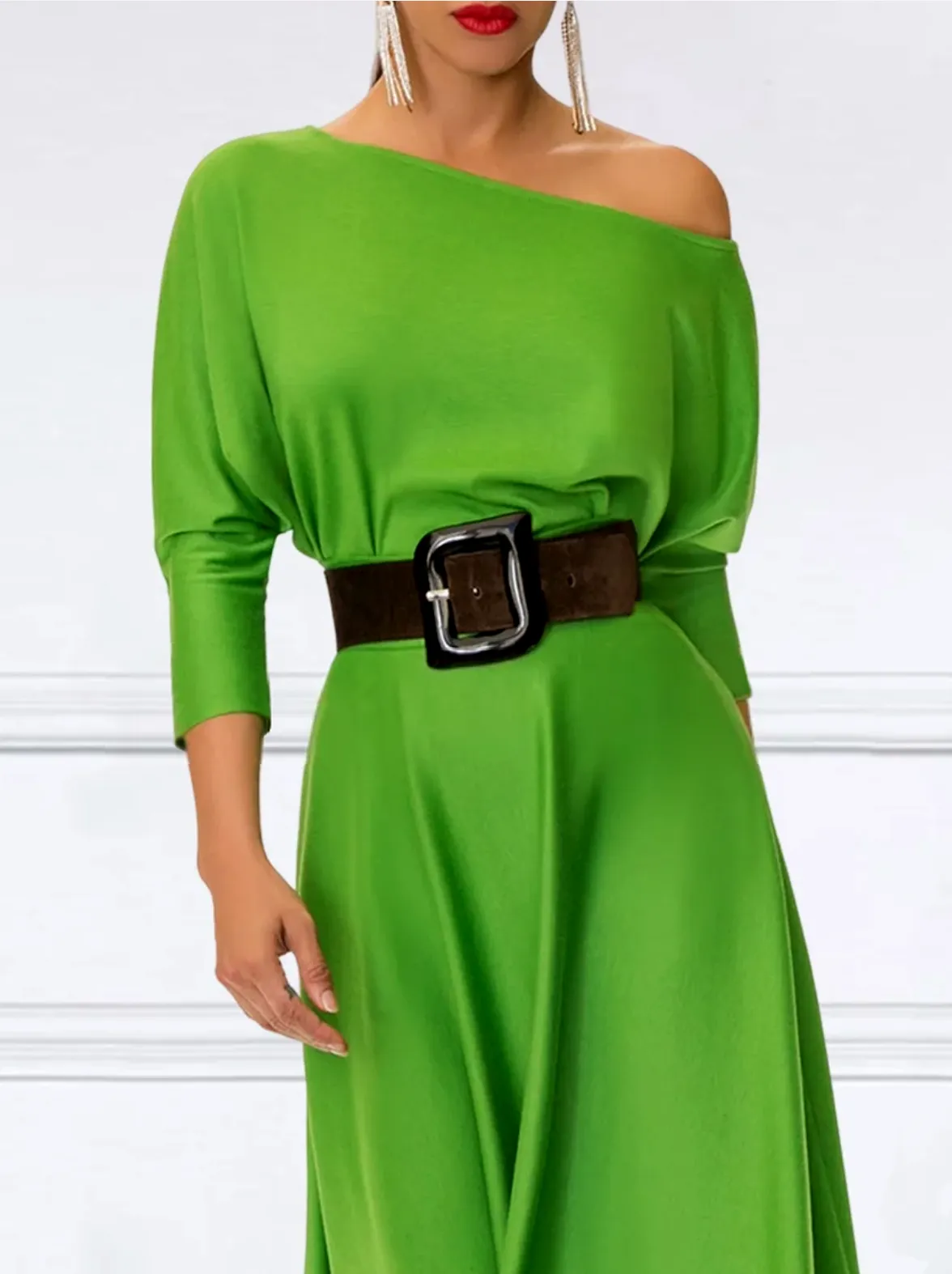 xakxx Loose Three-Quarter Sleeves Solid Color Off-The-Shoulder Maxi Dresses