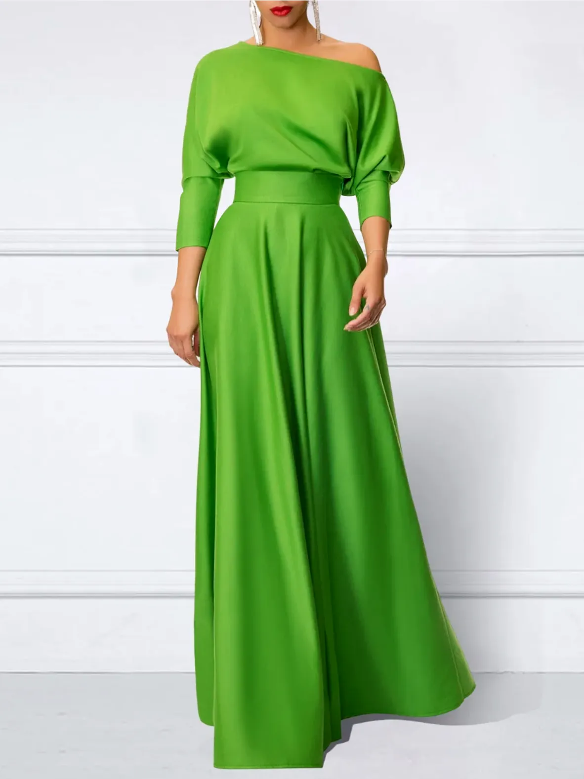 xakxx Loose Three-Quarter Sleeves Solid Color Off-The-Shoulder Maxi Dresses